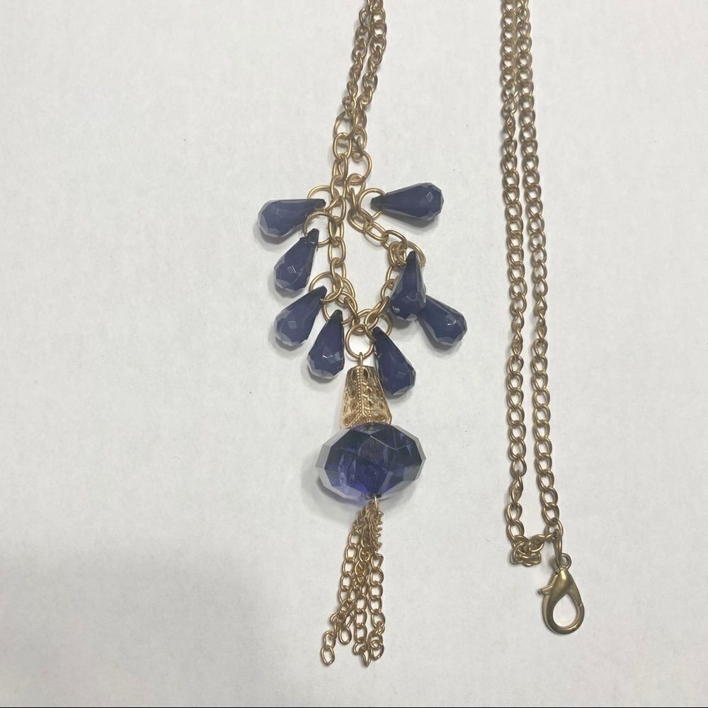Long gold with blue jewel stones necklace